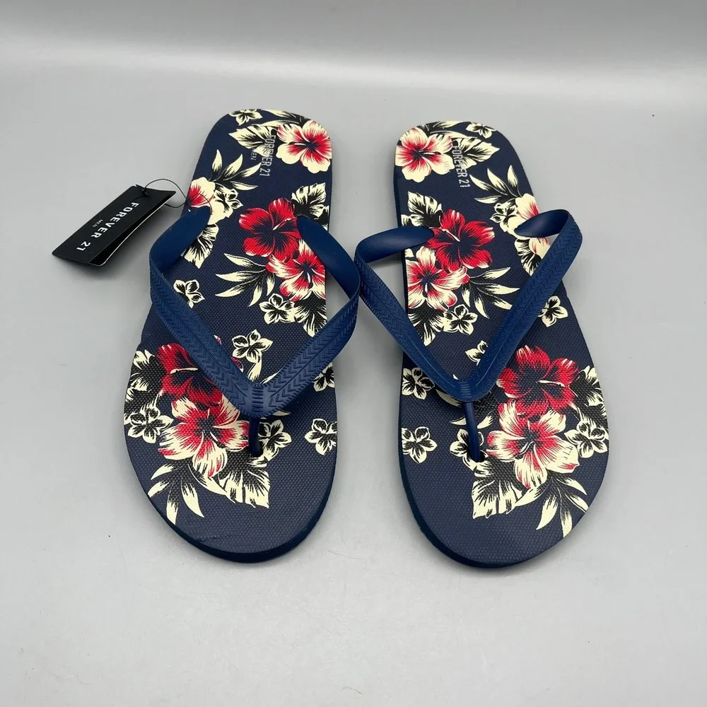 NWT Forever 21 Flip Flops Men's Large 45/46‎ Navy Blue Tropical Floral Hibiscus